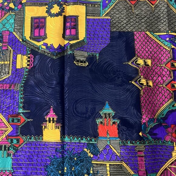 Oscar de la Renta Silk Scarf Village Street Scene Print Multicolor Square 30x30 - Picture 6 of 10